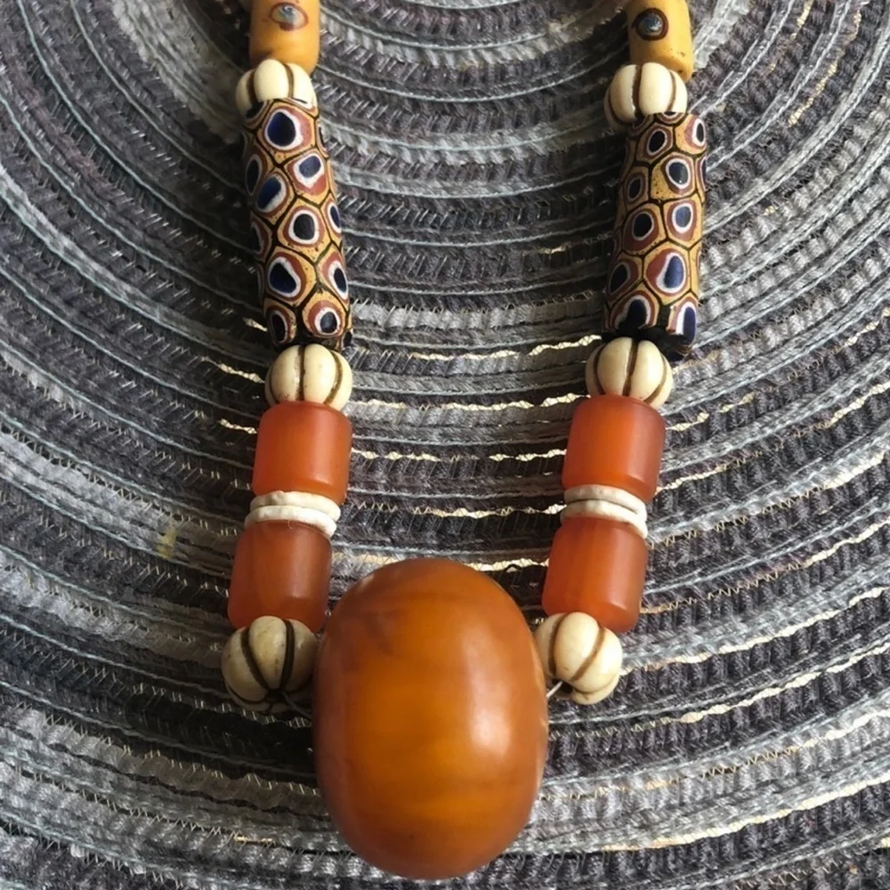 Boho wood beaded statement necklace 10”
